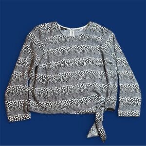 Talbots Black and White Patterned Blouse with tie at bottom Petite sz L